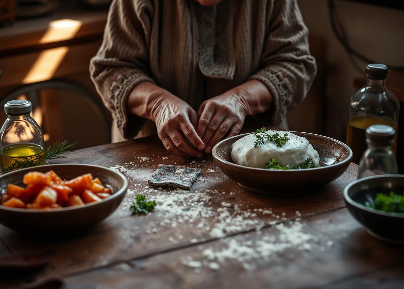 A Lebanese grandmother's hands preparing fresh dough and mezze in a sunlit kitchen