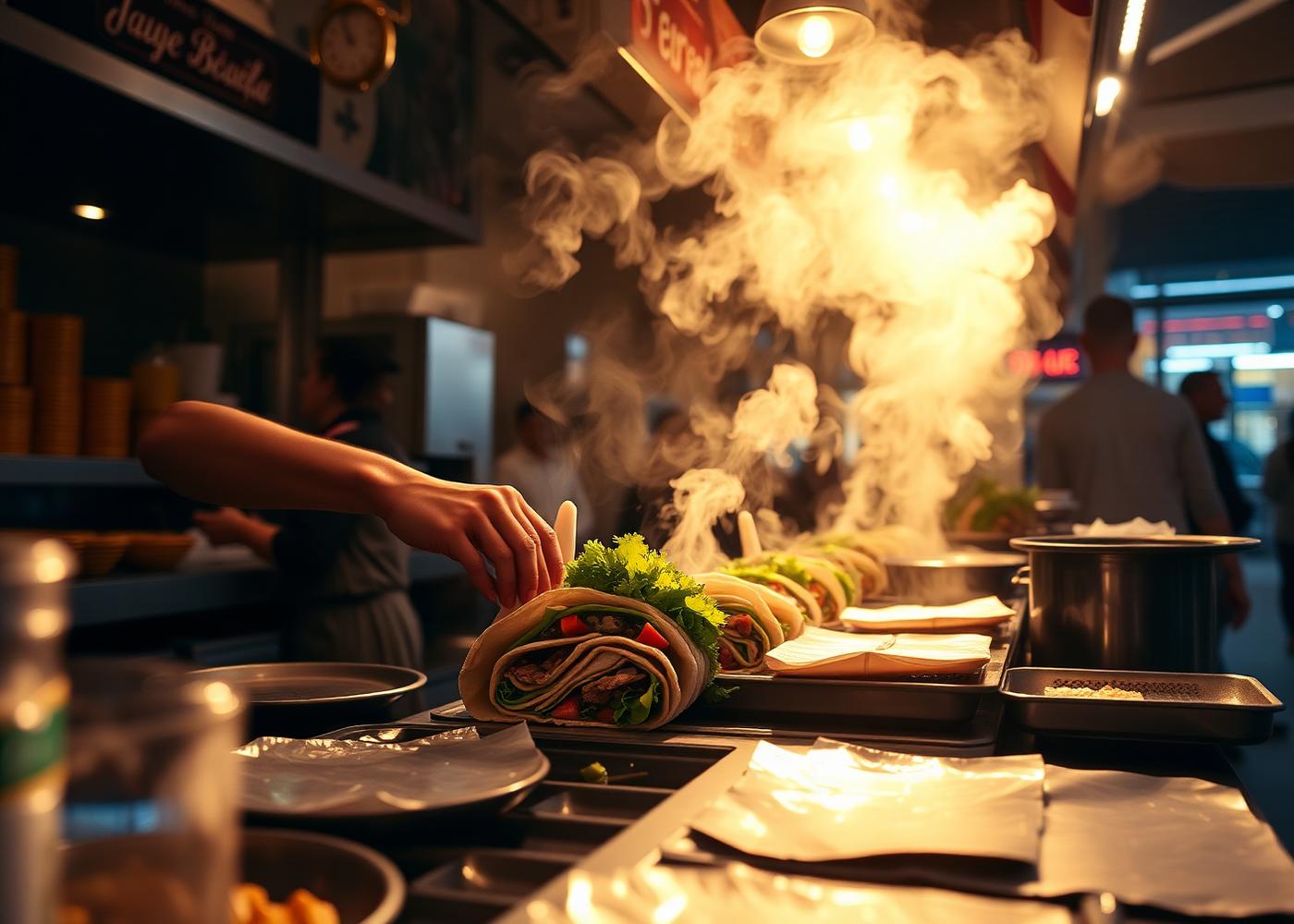 Chef assembling fresh Lebanese wraps at the Asli Beirut counter